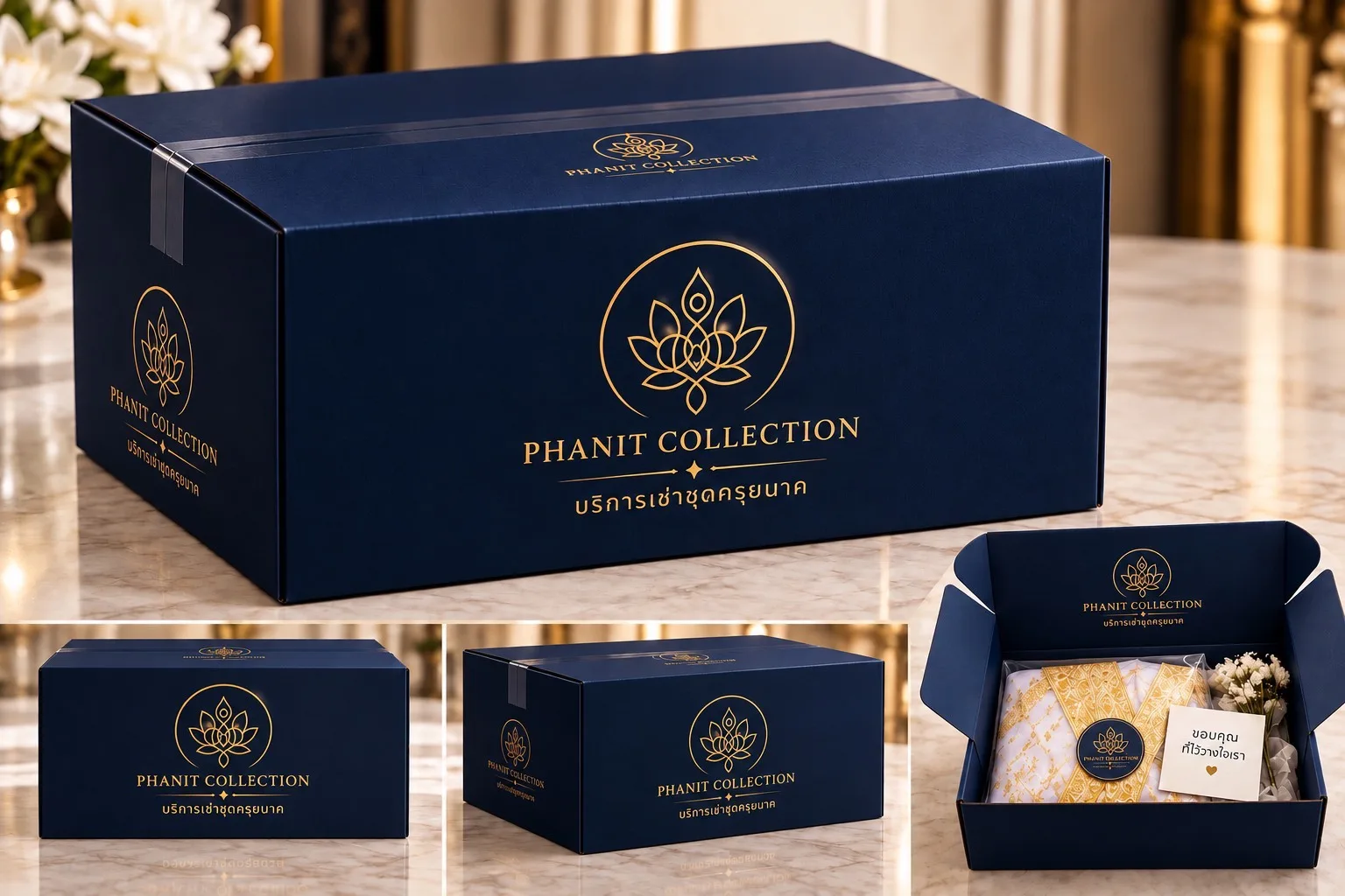 กล่อง Phanit Collection สีน้ำเงินโลโก้ทอง พร้อมชุดและการ์ดขอบคุณด้านใน