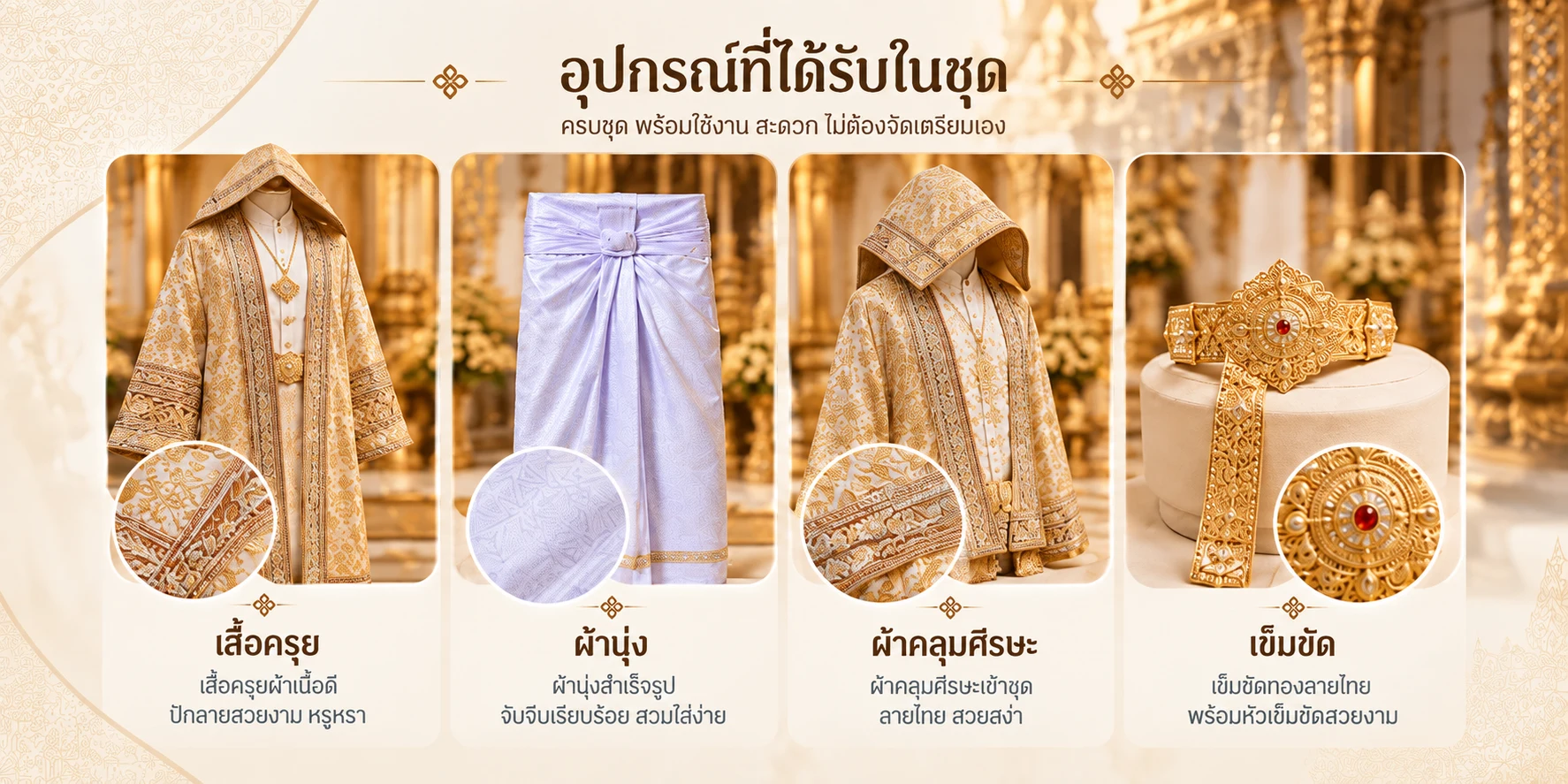อุปกรณ์ที่ได้รับในชุด 4 ชิ้น: เสื้อครุย ผ้านุ่ง ผ้าคลุมศีรษะ เข็มขัด